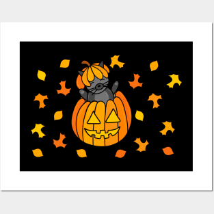 Cartoon Halloween Cat in Jack o Lantern Pumpkin with Fall Leaves on a Purple Backdrop, made by EndlessEmporium Posters and Art